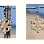 Snowflake ornaments made from local beachsand. 
Beachsand Snowflakes are created using a unique binding agent to hold the sand along with a setting procedure to harden it. This process allows each snowflake to appear as seamless and delicate as the sand itself, yet capable of maintaining its integrity over time. The result is a truly original piece of art in every ornament.